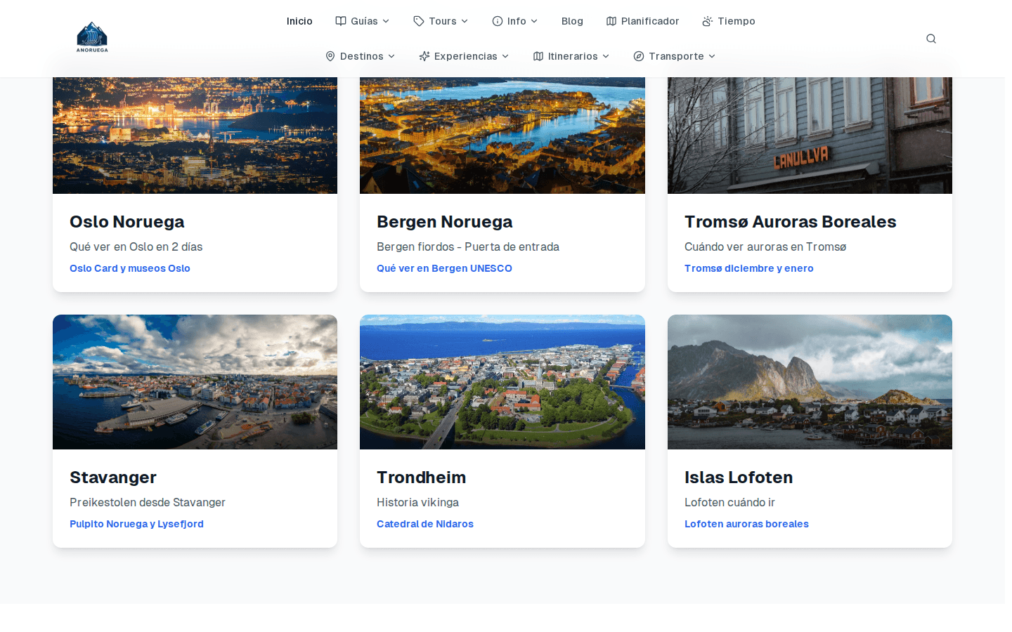 Sección de destinos de anoruega.es con fotos de Oslo, Bergen y Tromsø