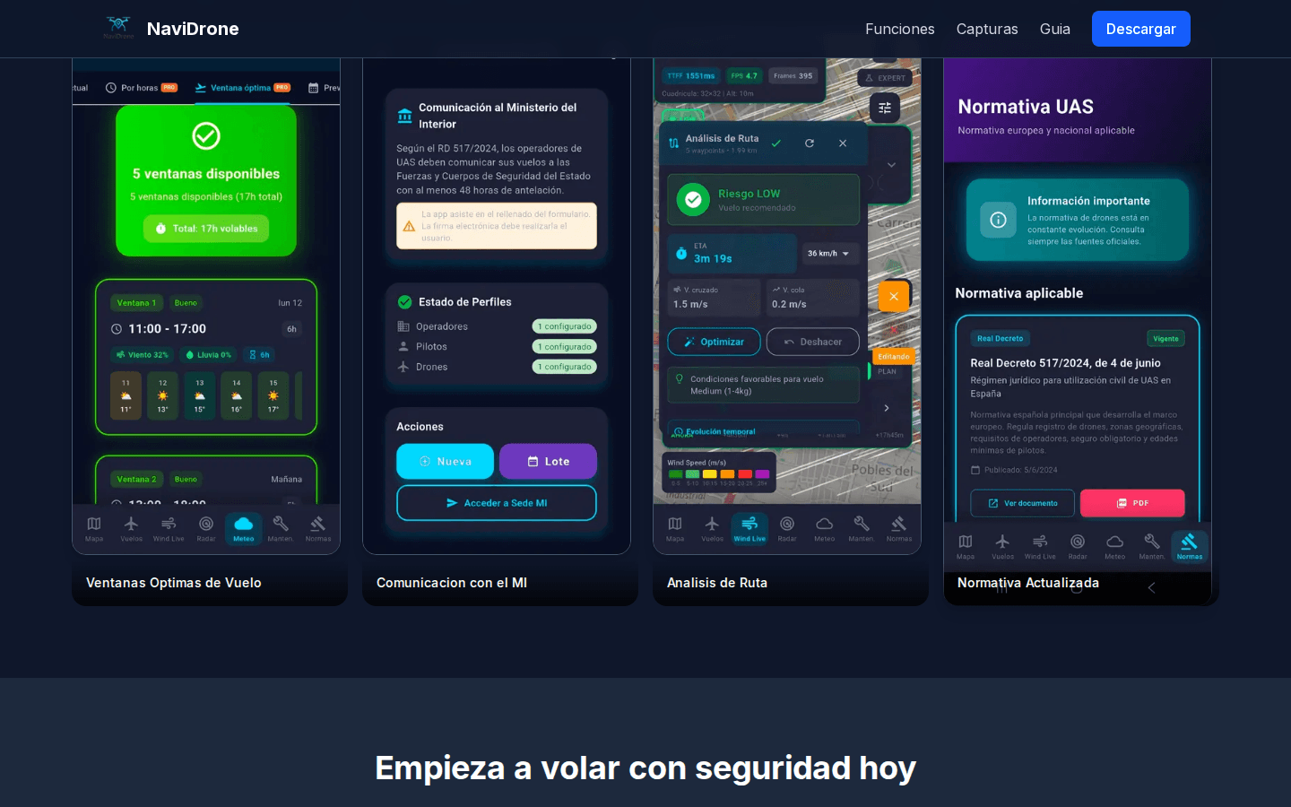 Capturas de pantalla de la app NaviDrone mostrando zonas de vuelo de drones