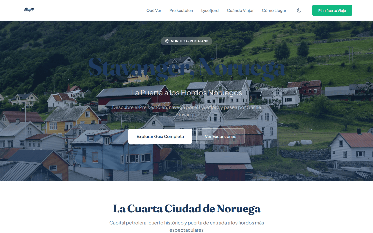 Página principal de stavanger.es con vista de la ciudad y fiordos noruegos