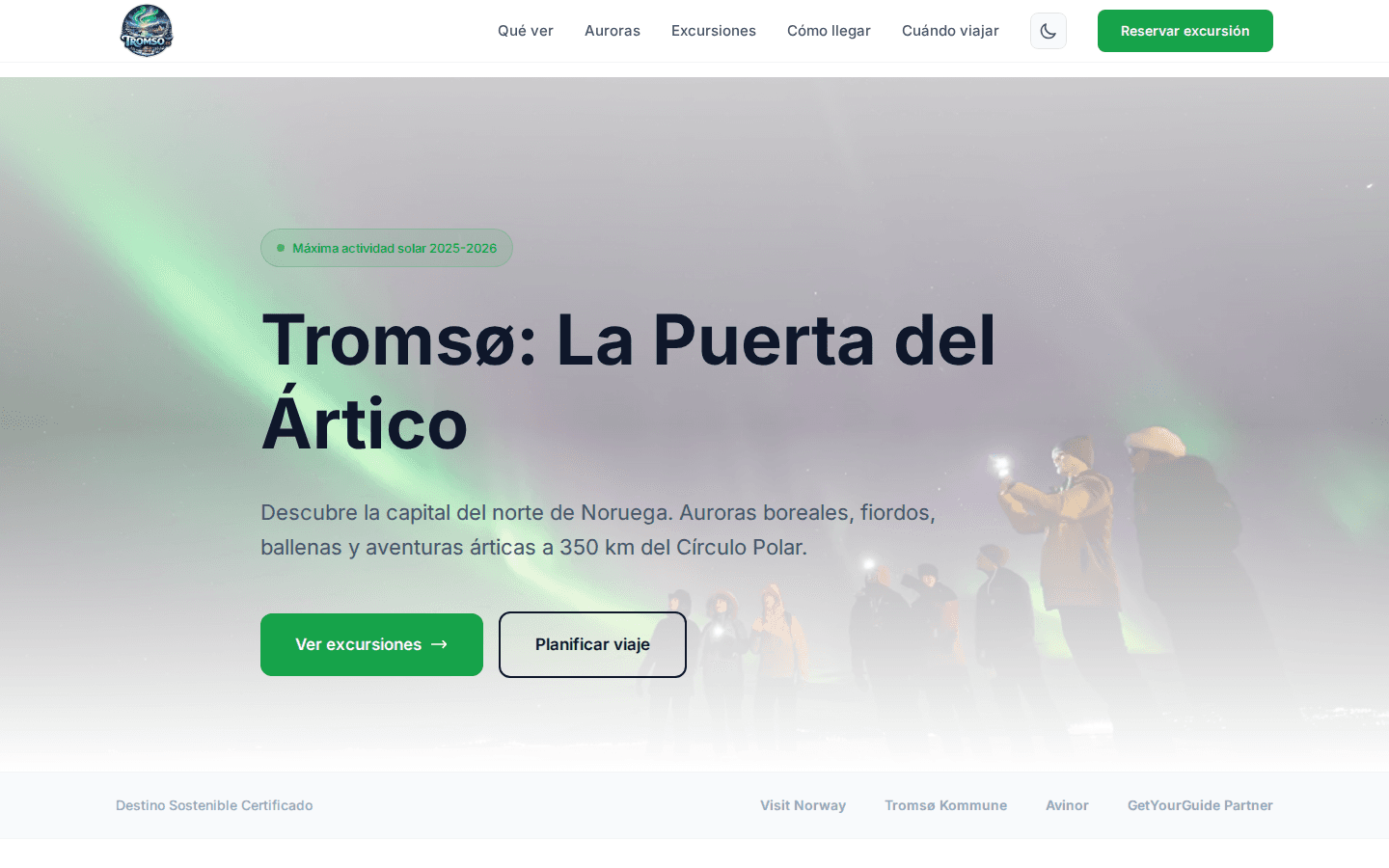 Página principal de tromso.es con hero de auroras boreales en Tromsø